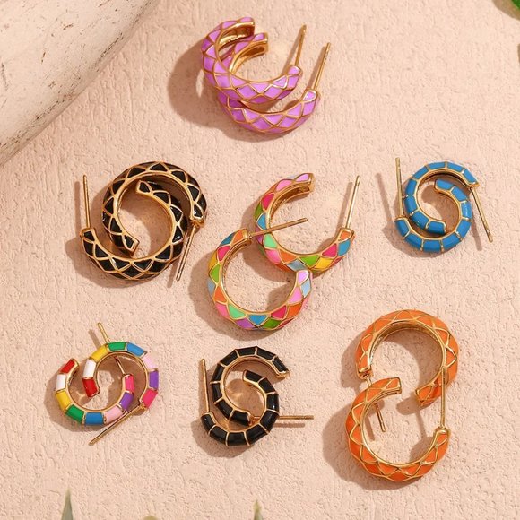 Multi Color Enamel Bamboo C Shape Hoop Huggie Earrings 18K Gold Plated Stainless - Picture 7 of 7